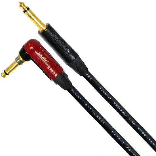 10 ft Angled to Straight Guitar & Bass Instrument Cable -Using Mogami 2524, Neutrik SilentPlug & Neutrik Gold Mono Straight TS Plug